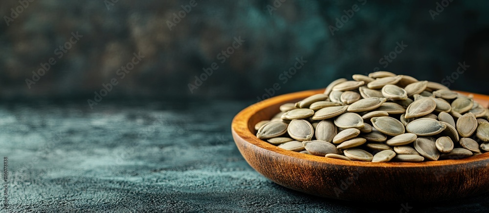 Leinwandbilder wooden plate containing pumpkin seeds set against a dark unfocused background with empty space nearb