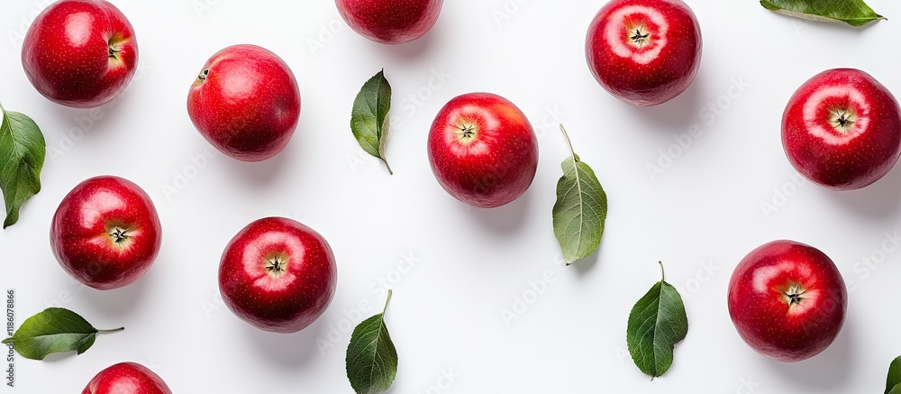 Poster flat lay featuring red apples on a white background with room for text. with copy space image. place