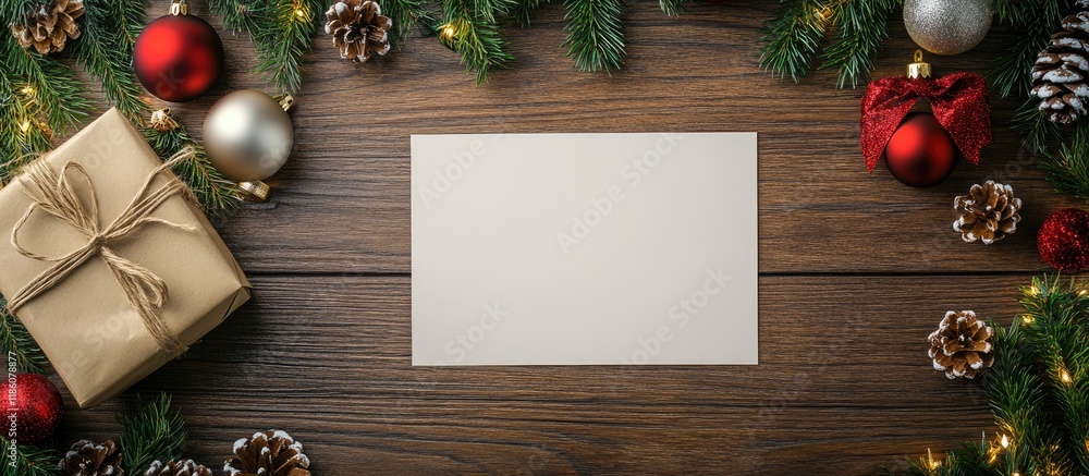 Aufkleber christmas mockup scene featuring blank paper a gift and ornaments on a wooden background. with copy 