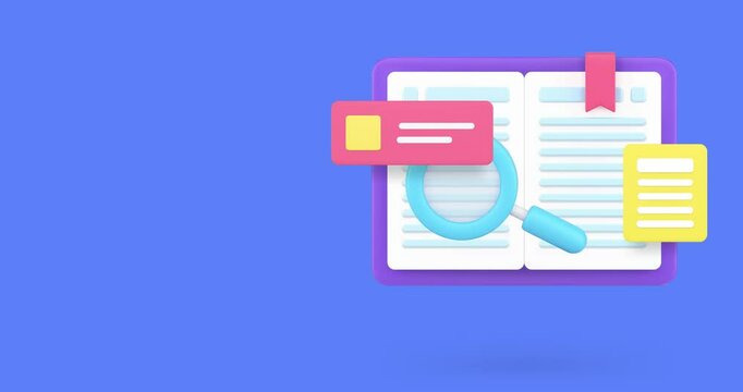 Book reading searching educational information banner copy space 3d icon animation. Library education learning textbook guide dictionary knowledge academic content studying