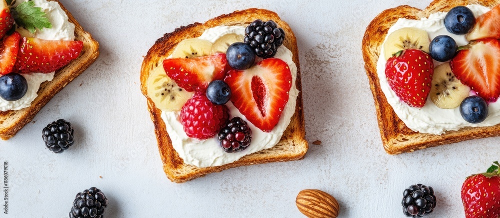 Fototapete Homemade summer toast topped with cream cheese nut butter and fruits and berries seen from above. with copy space image. Place for adding text or design