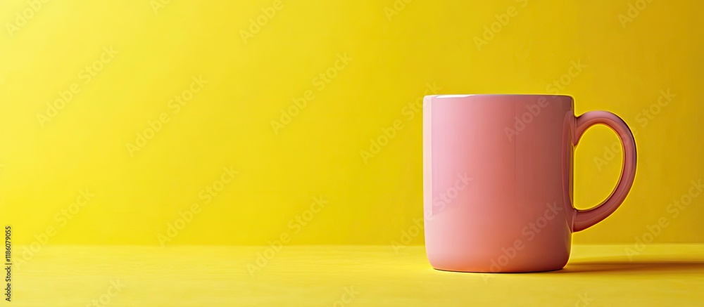 Poster Pink mug on a yellow background Breakfast in the morning Porcelain design. with copy space image. Place for adding text or design