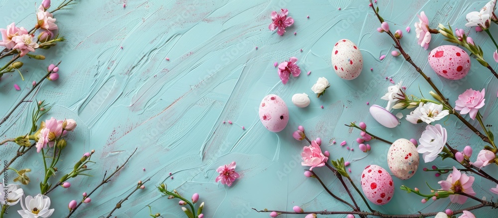 Poster Easter eggs and flowers on the table from a top view An Easter arrangement with space for text insertion. with copy space image. Place for adding text or design