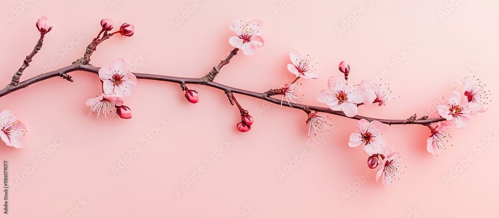 Poster spring theme an apricot branch on a pink backdrop close up top view sakura branch. with copy space i