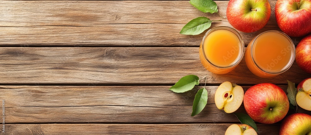 Poster fresh apple juice and ripe apples on a wooden table the idea of nutrition related to superfoods and 