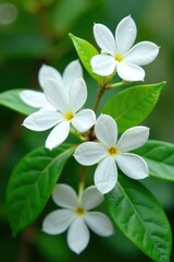 Obraz premium Fragrant white flowers of Trachelospermum jasminoides on a vine, plant details, botanicals