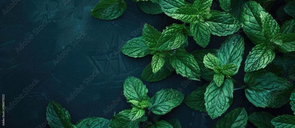 Poster Marsh mint leaves on a dark background. with copy space image. Place for adding text or design