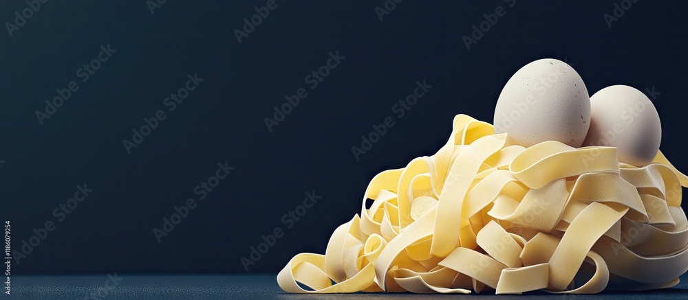 Fototapete Dry pasta with eggs against a dark background. with copy space image. Place for adding text or design