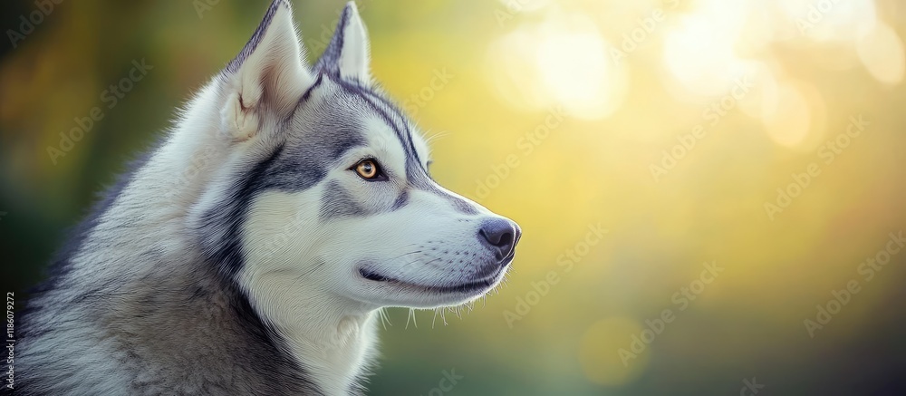 Aufkleber Close up portrait of a Siberian Husky with a white and gray coat and brown eyes set against a blurred green background. with copy space image. Place for adding text or design