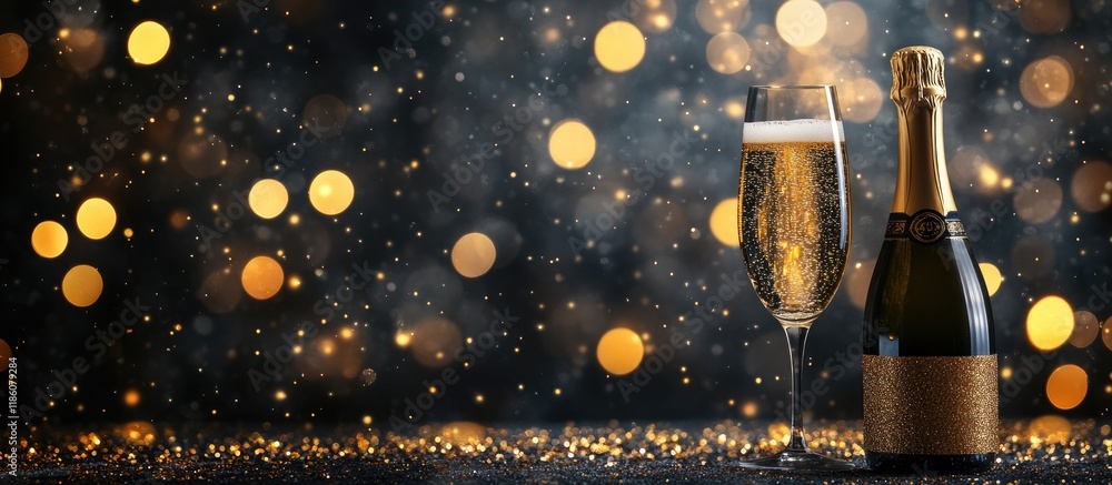 Poster Champagne for Christmas set against a dark backdrop with surprise and festive golden bokeh. with copy space image. Place for adding text or design