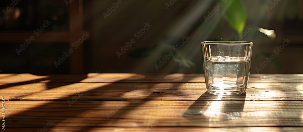Aufkleber A wooden table with sunlight and a glass of water. with copy space image. Place for adding text or design