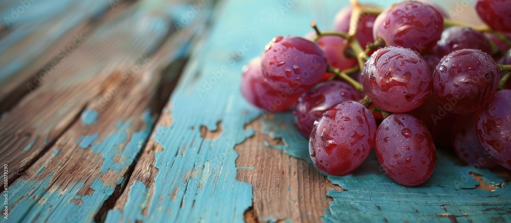 Aufkleber red grape on aged blue wooden table. with copy space image. place for adding text or design