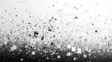 Cascading pixel fragments, monochromatic geometric breakdown, dissolving mosaic pattern, abstract digital rain, gradient disintegration effect, floating square elements, minimalist tech aesthetic,