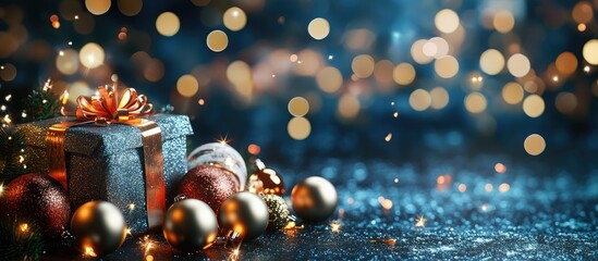 Fototapeta premium Gift boxes featuring balls on a Christmas backdrop. with copy space image. Place for adding text or design