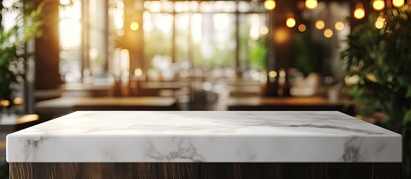 Empty step marble table top food stand with a blurred cafe restaurant background and bokeh lights mockup for displaying or showcasing a product banner for online media advertising business presenta