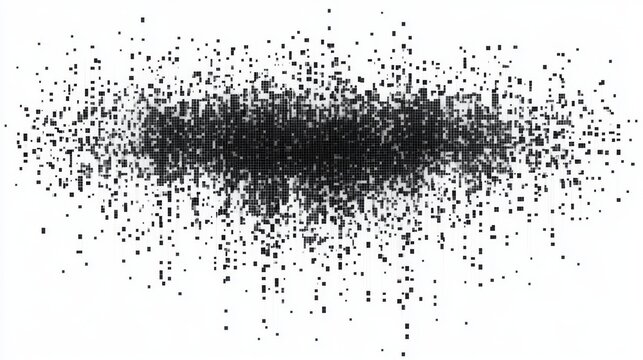 Cascading pixel fragments, monochromatic geometric breakdown, dissolving mosaic pattern, abstract digital rain, gradient disintegration effect, floating square elements, minimalist tech aesthetic,