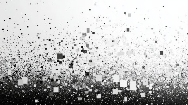 Cascading pixel fragments, monochromatic geometric breakdown, dissolving mosaic pattern, abstract digital rain, gradient disintegration effect, floating square elements, minimalist tech aesthetic,