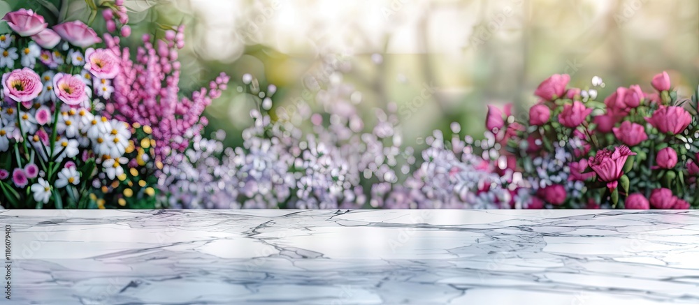 Poster empty marble table from a top view with a blurred floral background featuring bokeh. with copy space