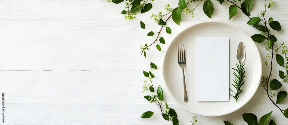 Poster plate with utensils empty card and plant branches on a white wooden surface. with copy space image. 