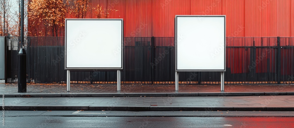 Poster Create two blank vertical signboards with a clipping path on metal stands along the walkway next to the location s fence featuring empty areas for inserting advertising graphic design or announceme
