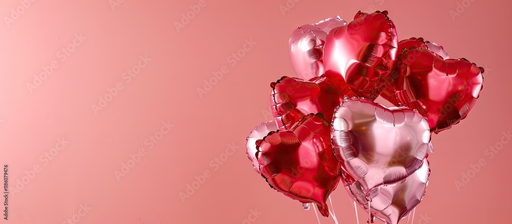 Aufkleber Red and pink heart shaped inflatable foil balloons Arrangement includes space for text. with copy space image. Place for adding text or design