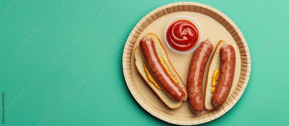 Poster three wiener sausages placed on a slice of whole grain bread on a disposable paper plate accompanied