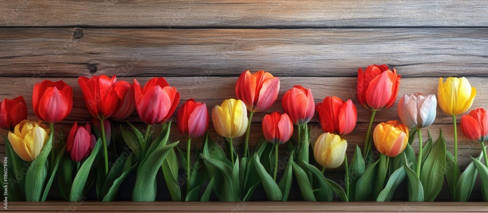 Aufkleber spring backdrop featuring vibrant blooming tulips on a wooden surface copy space