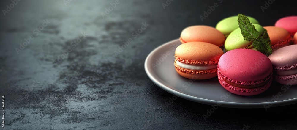 Fototapete delightful fresh tasty macaroons on a plate. with copy space image. place for adding text or design