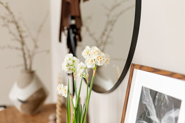 background of close up details flowers branch in Interior design of aesthetic and minimalist living room