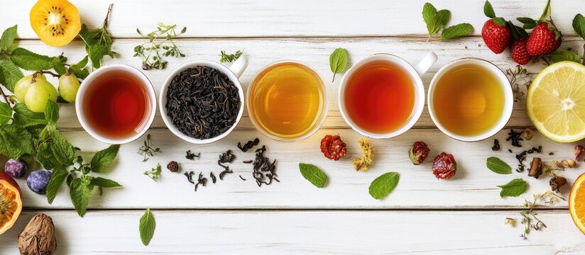 Arrangement featuring various types of tea green black and herbal alongside fruit and flowers A natural organic beverage known for its antioxidant and anti stress properties Includes wooden element