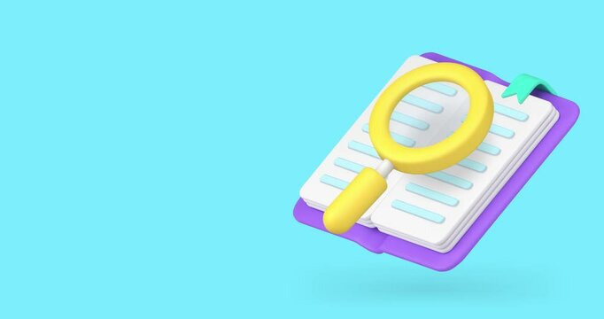 Book reading searching educational information banner with copy space 3d icon animation. Library literature textbook dictionary guide studying knowledge class degree learning
