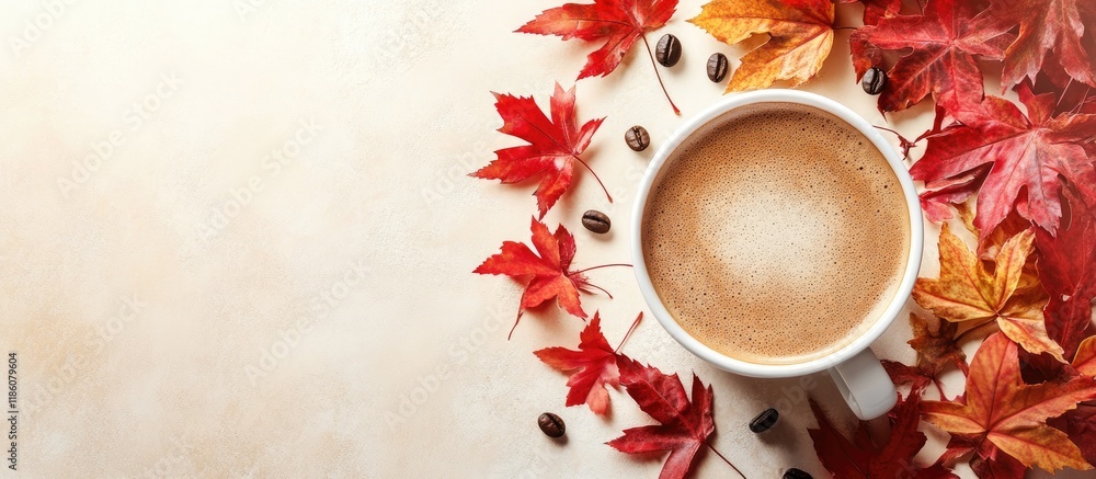 Poster Autumn arrangement featuring a cup of coffee and red maple leaves. with copy space image. Place for adding text or design