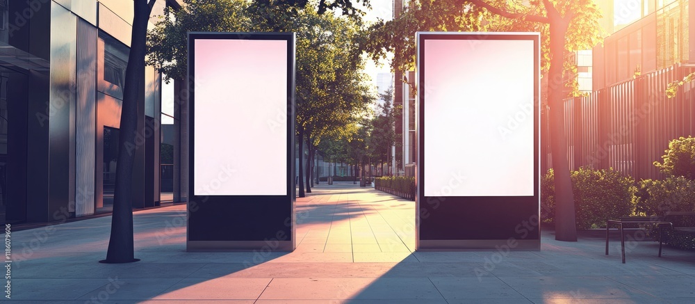 Aufkleber Create two blank vertical signboards with a clipping path on metal stands along the walkway next to the location s fence featuring empty areas for inserting advertising graphic design or announceme
