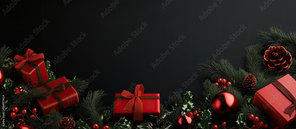 Poster black background featuring New Year or Christmas gift boxes and decorative items. with copy space image. Place for adding text or design