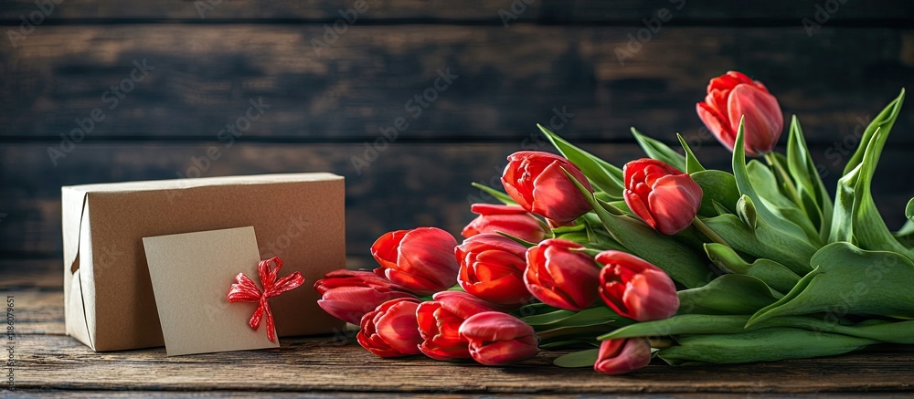 Poster fresh tulips a gift box and a greeting card arranged on a wooden table background. with copy space i