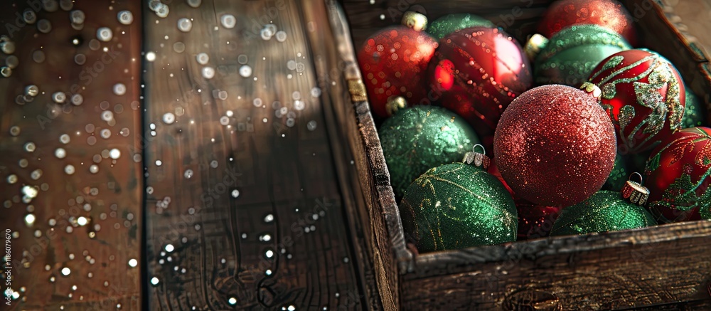 Aufkleber red and green sparkling christmas ornaments in a wooden box. with copy space image. place for adding