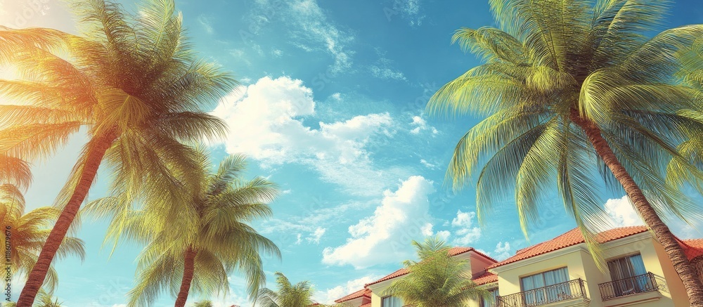 Poster Exotic vacation resort featuring palm trees a blue sky and a hotel building on a bright sunny summer day. with copy space image. Place for adding text or design