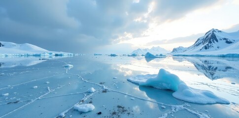 Frosty and barren, antarctic ice sheet stretches towards the horizon, cold weather, arctic landscape, cracked ice