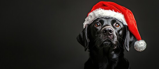 A black dog wearing a red Santa Claus hat appears curious about the noise she heard Merry Christmas. with copy space image. Place for adding text or design