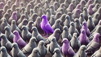 Obraz premium A purple pigeon alone among a crowd of grey pigeons, concept of standing out from the crowd as a leader, of being different and unique with its own identity and special skills among the others