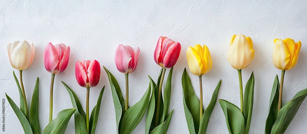 Poster pink and yellow tulips against a light background. with copy space image. place for adding text or d