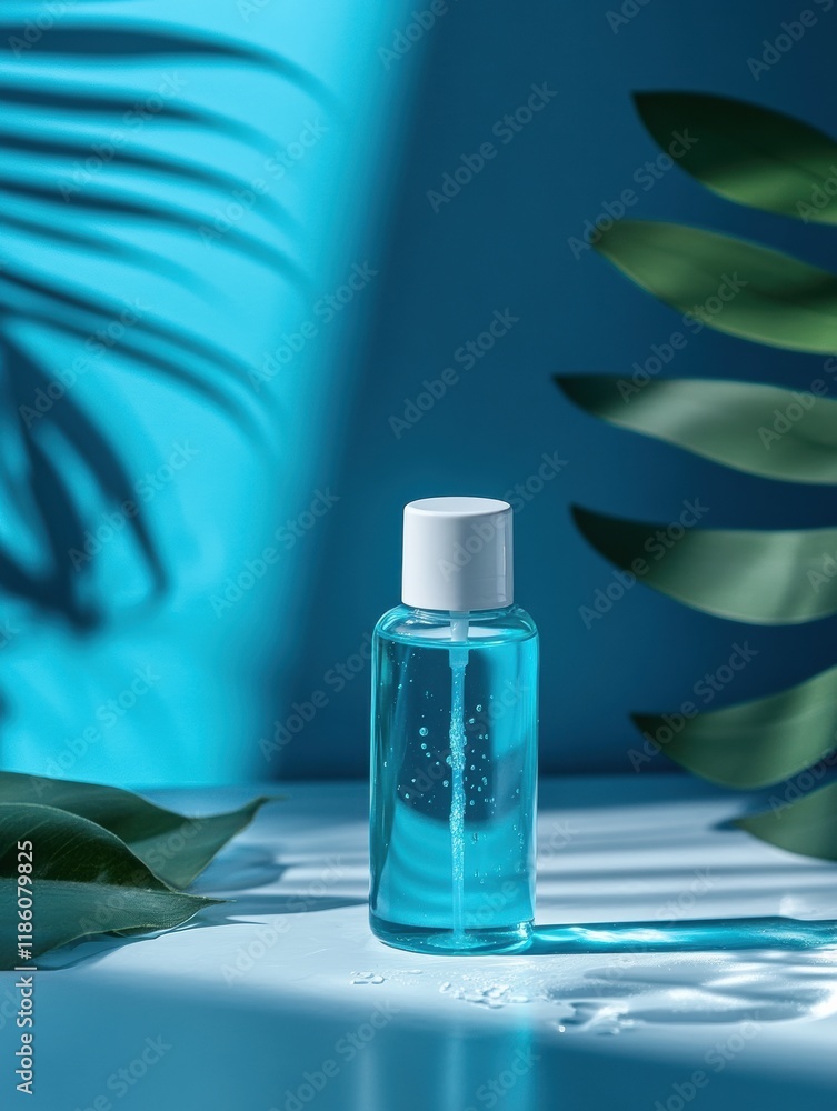 Poster droplets of sanitizer eliminating bacteria on surfaces in a bright setting with green foliage and bl