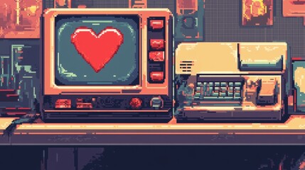 Vintage gaming life system, pixelated red hearts, 8-bit health display, arcade style interface elements, classic pixel art icons, retro game UI, chunky digital indicators, bright red life points,