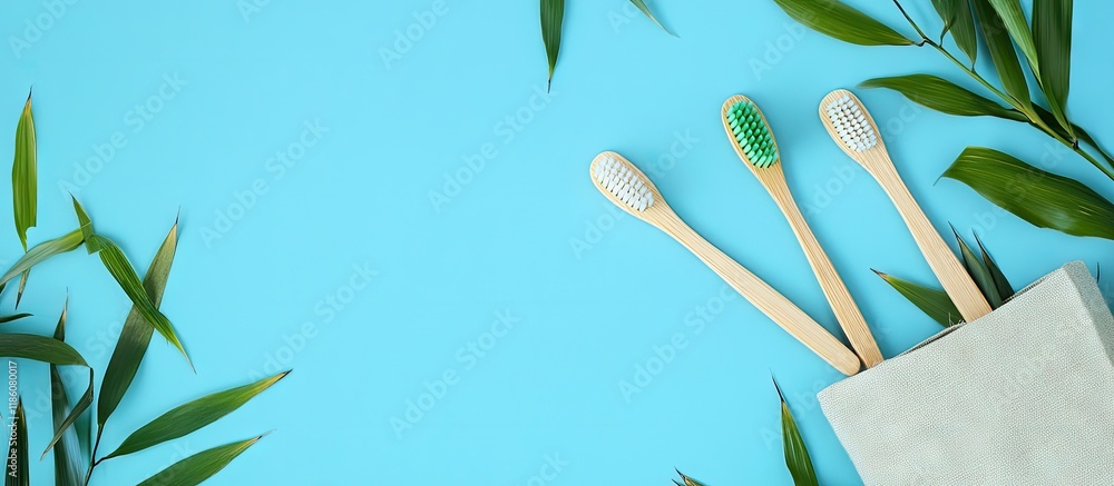 Poster bamboo toothbrush and eco bag placed on a table with copyspace on a blue background styled flat lay 