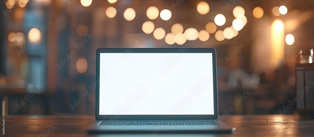 Poster Empty white laptop screen with a blurred background placed on a desk table. with copy space image. Place for adding text or design