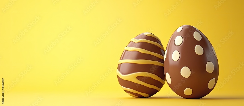 Poster painted and chocolate easter eggs packaging on a yellow background. with copy space image. place for