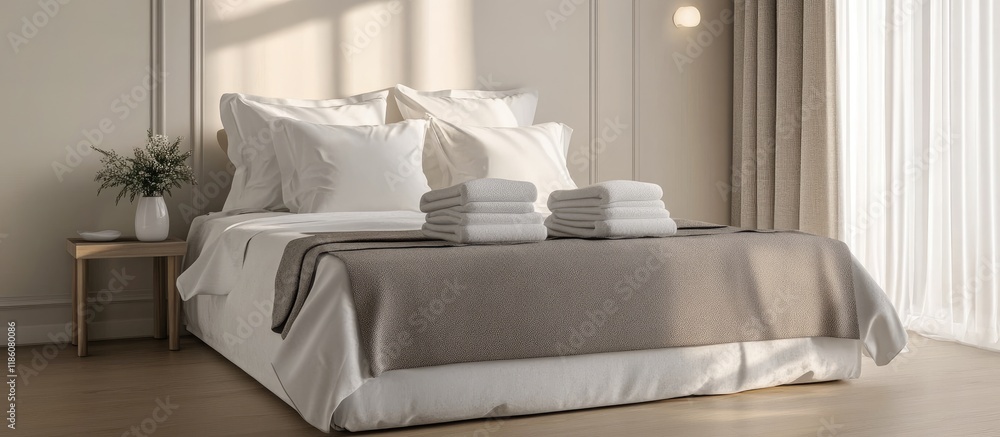 Aufkleber Towels and pillows on a compact bed in a tidy organized bedroom. with copy space image. Place for adding text or design
