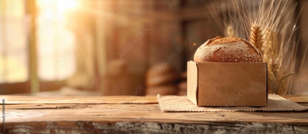 Poster a brown bread box on the table in the morning. with copy space image. place for adding text or desig