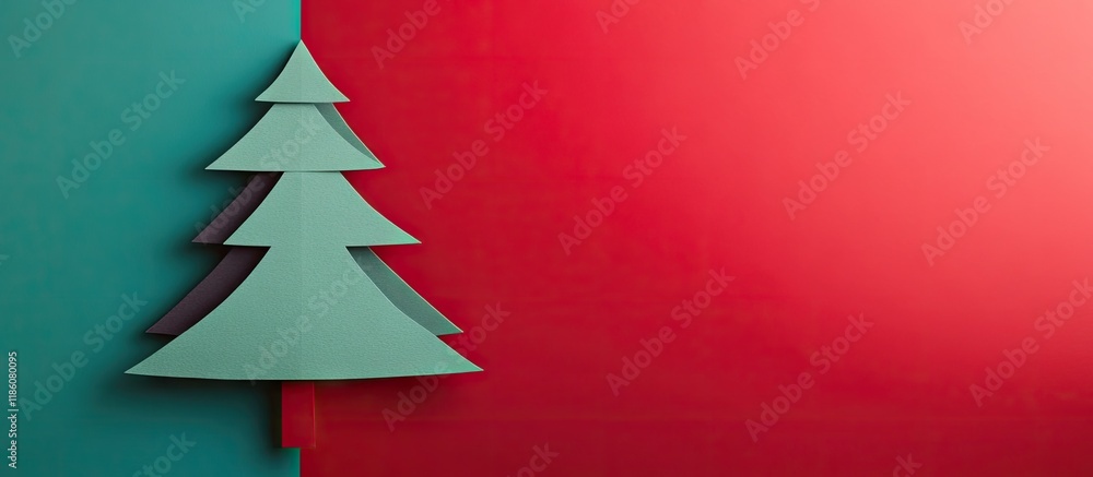 Poster Happy New Year and Merry Christmas card minimalistic idea Handmade vertical paper tree cutout design Applique paper in red and green with copyspace for text