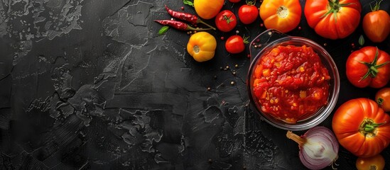 A glass saucepan containing red tomato vegetable sauce rests on a black background alongside red and orange tomatoes as well as onions in yellow husks with copyspace available
